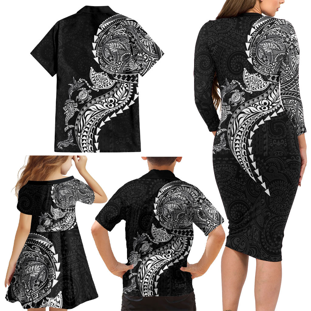 Hawaiian Kakau Tribal Sea Animals Tattoos Family Matching Long Sleeve Bodycon Dress and Hawaiian Shirt Black Color LT03 - Polynesian Pride