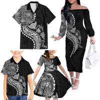 Hawaiian Kakau Tribal Sea Animals Tattoos Family Matching Off The Shoulder Long Sleeve Dress and Hawaiian Shirt Black Color LT03 - Polynesian Pride