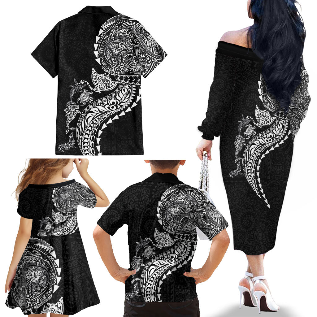 Hawaiian Kakau Tribal Sea Animals Tattoos Family Matching Off The Shoulder Long Sleeve Dress and Hawaiian Shirt Black Color LT03 - Polynesian Pride