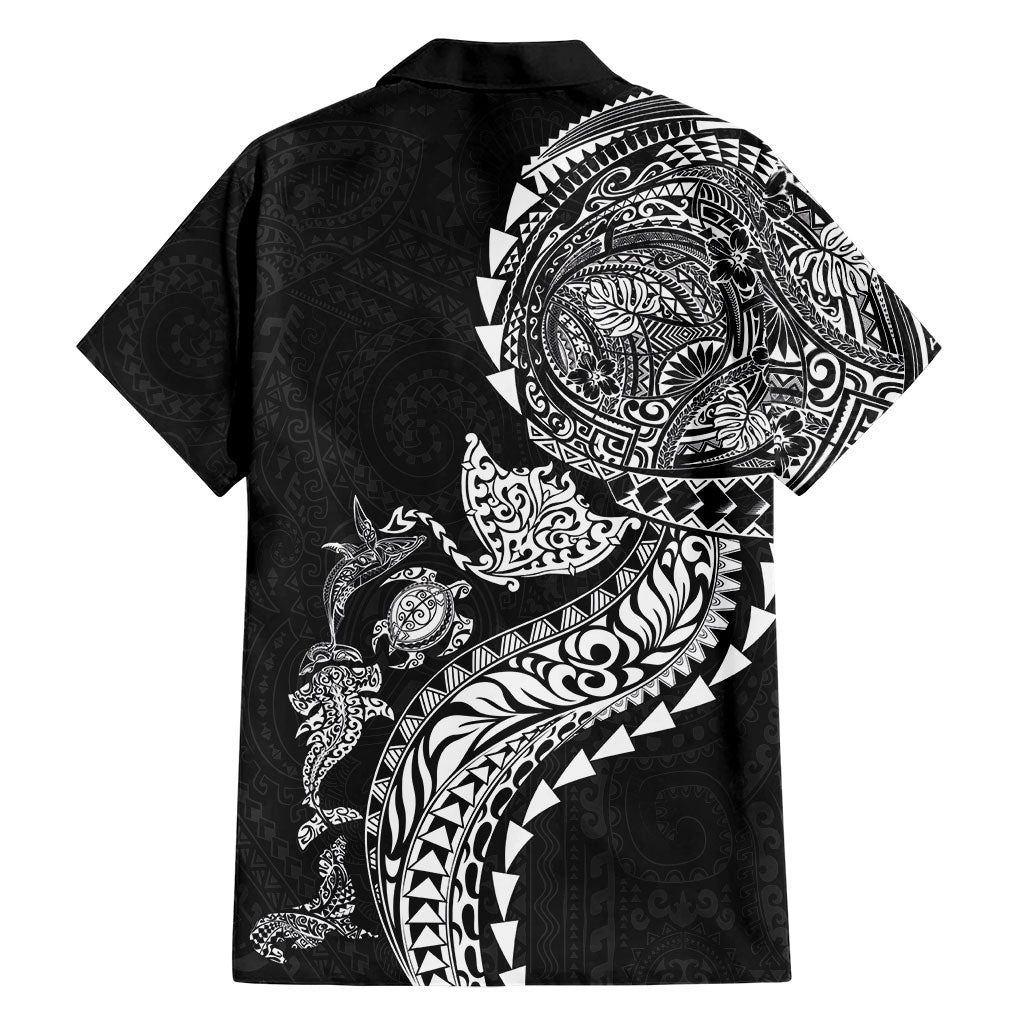 Hawaiian Kakau Tribal Sea Animals Tattoos Family Matching Off The Shoulder Long Sleeve Dress and Hawaiian Shirt Black Color LT03 - Polynesian Pride