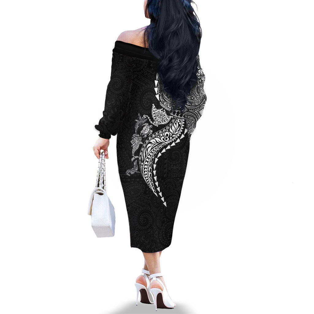 Hawaiian Kakau Tribal Sea Animals Tattoos Family Matching Off The Shoulder Long Sleeve Dress and Hawaiian Shirt Black Color LT03 - Polynesian Pride
