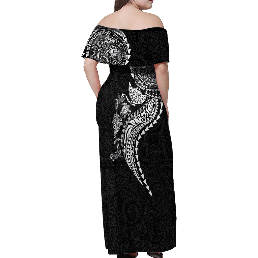Hawaiian Kakau Tribal Sea Animals Tattoos Family Matching Off Shoulder Maxi Dress and Hawaiian Shirt Black Color LT03 - Polynesian Pride