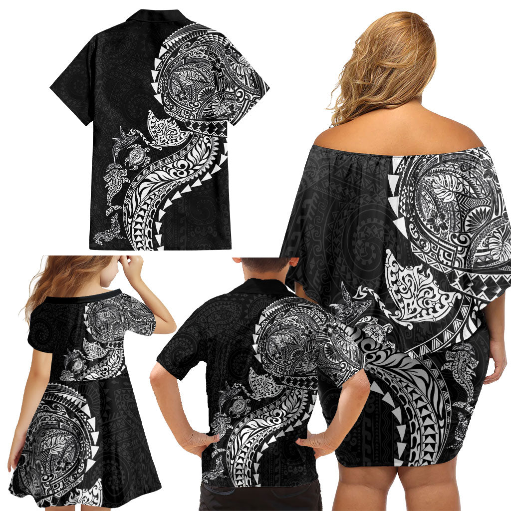 Hawaiian Kakau Tribal Sea Animals Tattoos Family Matching Off Shoulder Short Dress and Hawaiian Shirt Black Color LT03 - Polynesian Pride