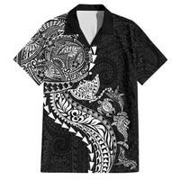 Hawaiian Kakau Tribal Sea Animals Tattoos Family Matching Off Shoulder Short Dress and Hawaiian Shirt Black Color LT03 Dad's Shirt - Short Sleeve Black - Polynesian Pride