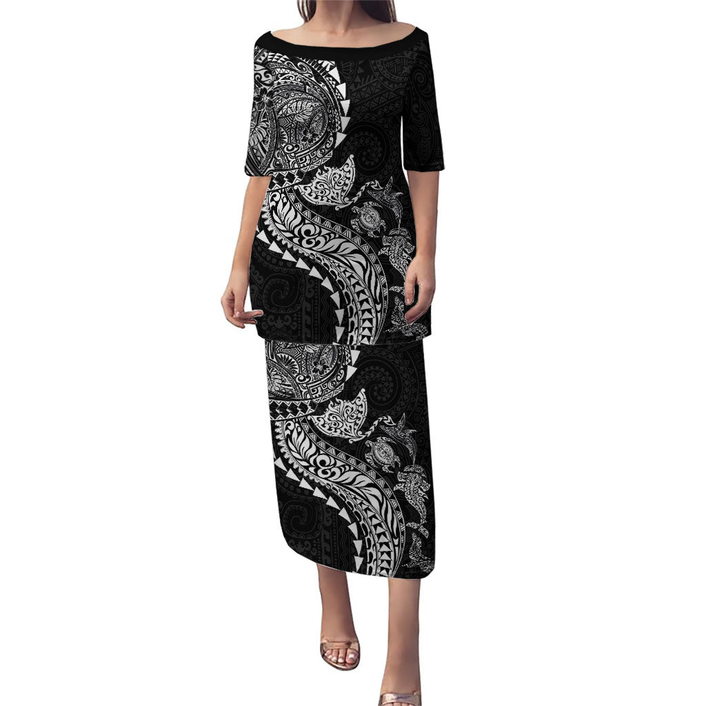 Hawaiian Kakau Tribal Sea Animals Tattoos Family Matching Puletasi and Hawaiian Shirt Black Color LT03 Mom's Dress Black - Polynesian Pride