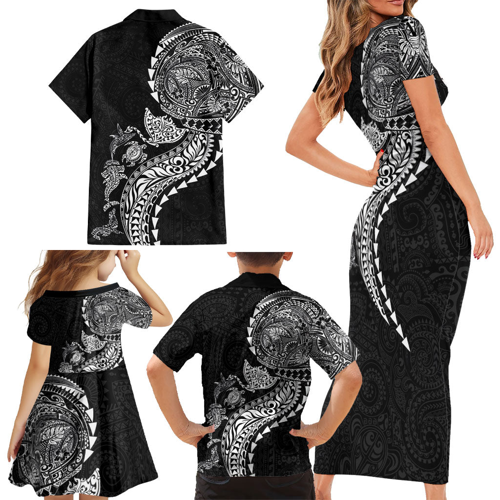 Hawaiian Kakau Tribal Sea Animals Tattoos Family Matching Short Sleeve Bodycon Dress and Hawaiian Shirt Black Color LT03 - Polynesian Pride