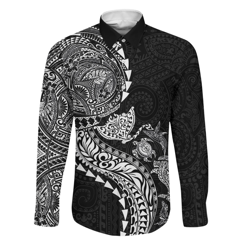 Hawaiian Kakau Tribal Sea Animals Tattoos Family Matching Short Sleeve Bodycon Dress and Hawaiian Shirt Black Color LT03 Dad's Shirt - Long Sleeve Black - Polynesian Pride