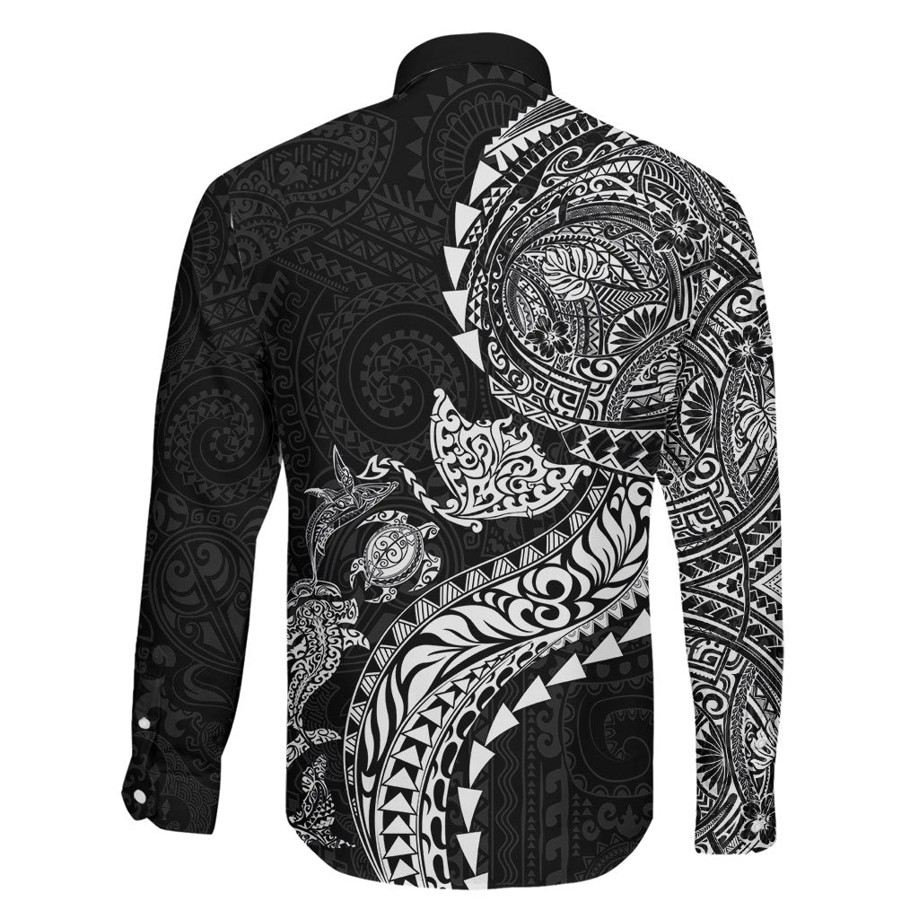 Hawaiian Kakau Tribal Sea Animals Tattoos Family Matching Short Sleeve Bodycon Dress and Hawaiian Shirt Black Color LT03 - Polynesian Pride