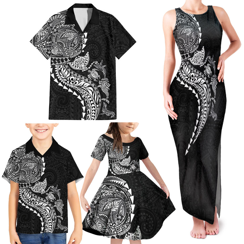 Hawaiian Kakau Tribal Sea Animals Tattoos Family Matching Tank Maxi Dress and Hawaiian Shirt Black Color LT03 - Polynesian Pride