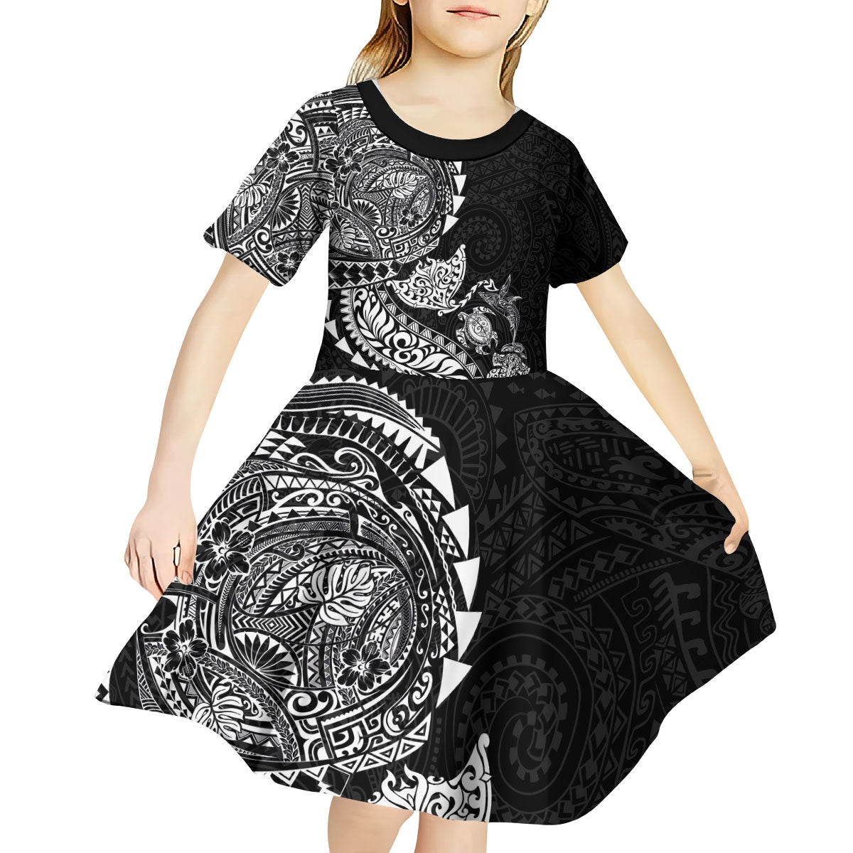 Hawaiian Kakau Tribal Sea Animals Tattoos Kid Short Sleeve Dress Black Color LT03 - Polynesian Pride