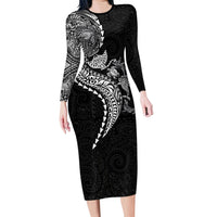 Hawaiian Kakau Tribal Sea Animals Tattoos Long Sleeve Bodycon Dress Black Color