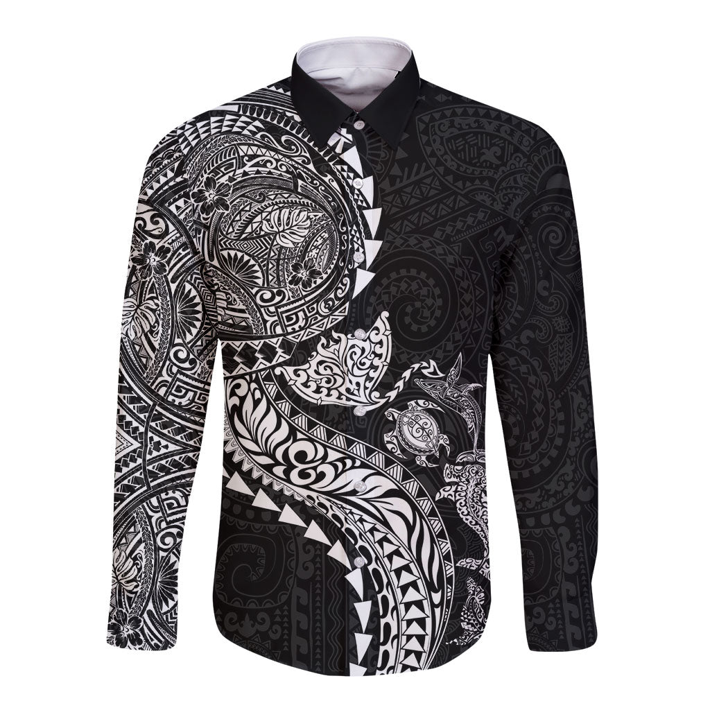 Hawaiian Kakau Tribal Sea Animals Tattoos Long Sleeve Button Shirt Black Color