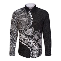 Hawaiian Kakau Tribal Sea Animals Tattoos Long Sleeve Button Shirt Black Color LT03 Unisex Black - Polynesian Pride