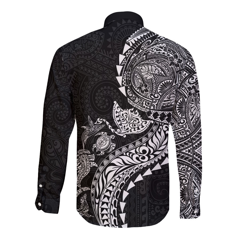 Hawaiian Kakau Tribal Sea Animals Tattoos Long Sleeve Button Shirt Black Color LT03 - Polynesian Pride
