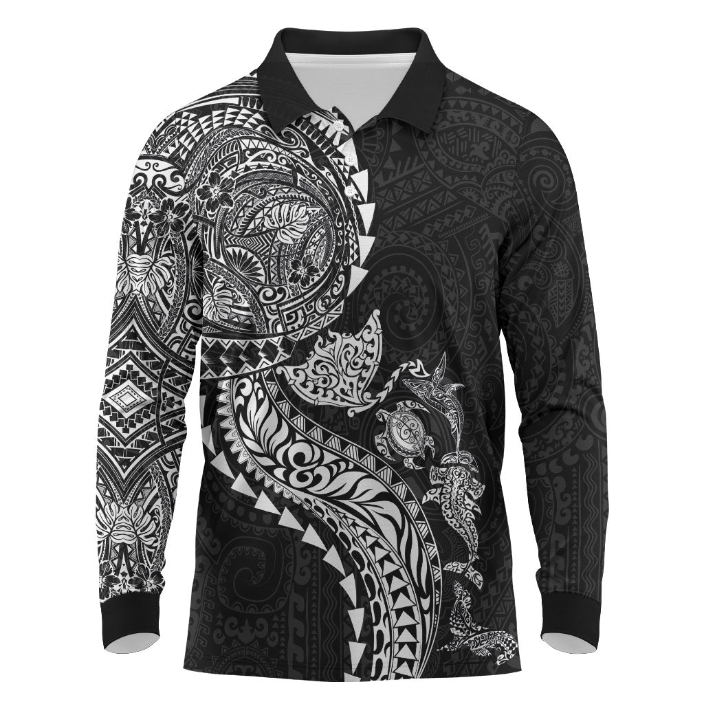 Hawaiian Kakau Tribal Sea Animals Tattoos Long Sleeve Polo Shirt Black Color LT03 Black - Polynesian Pride