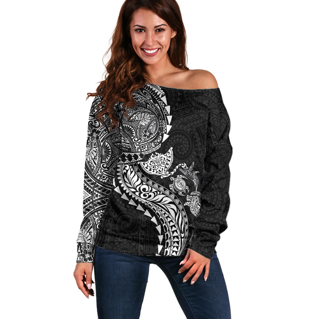 Hawaiian Kakau Tribal Sea Animals Tattoos Off Shoulder Sweater Black Color