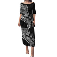 Hawaiian Kakau Tribal Sea Animals Tattoos Puletasi Black Color LT03 Long Dress Black - Polynesian Pride