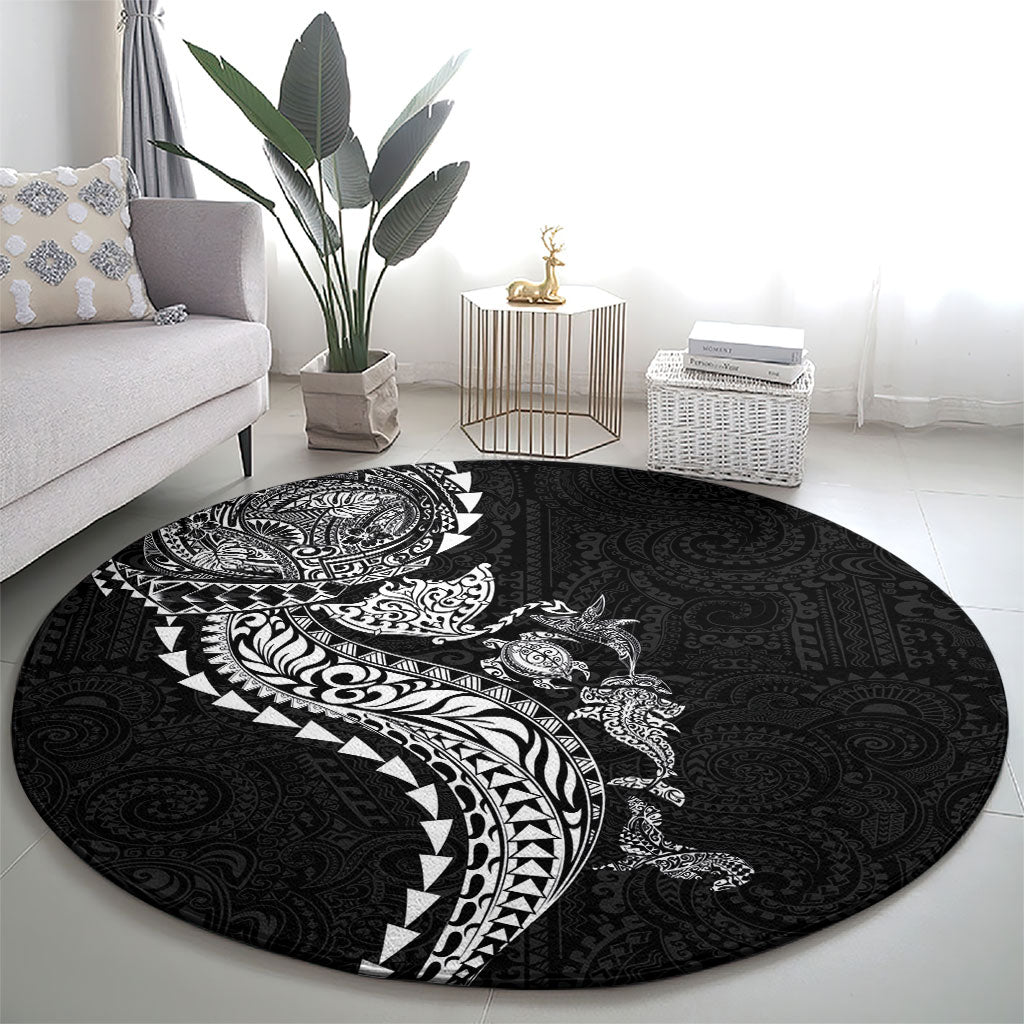 Hawaiian Kakau Tribal Sea Animals Tattoos Round Carpet Black Color