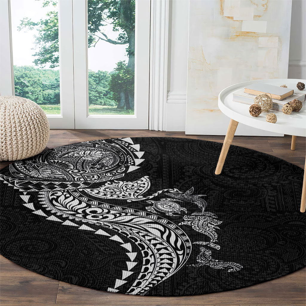 Hawaiian Kakau Tribal Sea Animals Tattoos Round Carpet Black Color