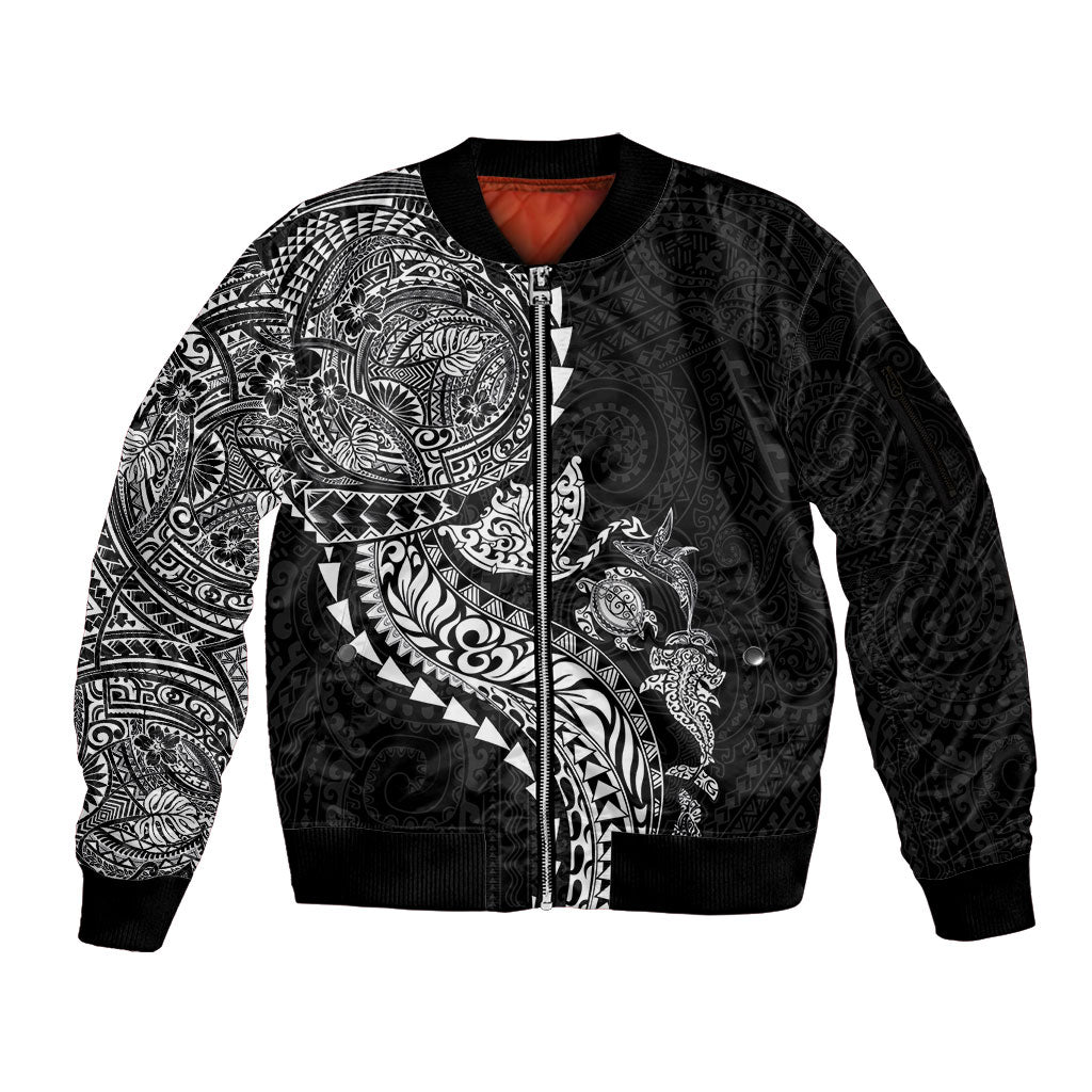 Hawaiian Kakau Tribal Sea Animals Tattoos Sleeve Zip Bomber Jacket Black Color