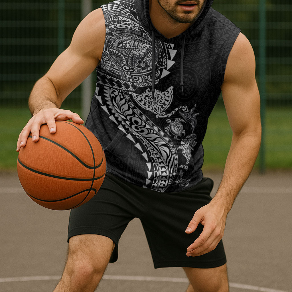 Hawaiian Kakau Tribal Sea Animals Tattoos Sleeveless Hoodie Black Color LT03 - Polynesian Pride