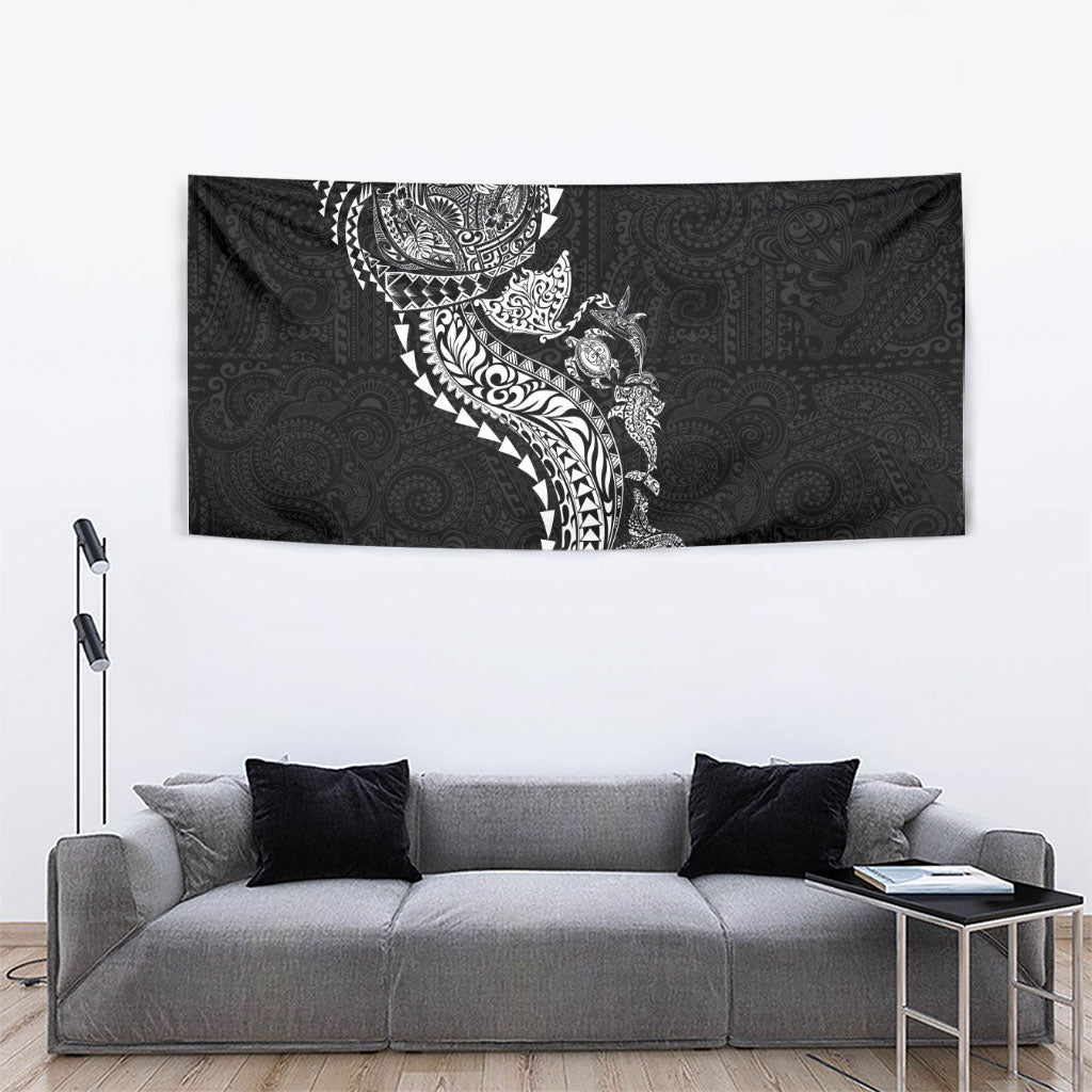 Hawaiian Kakau Tribal Sea Animals Tattoos Tapestry Black Color