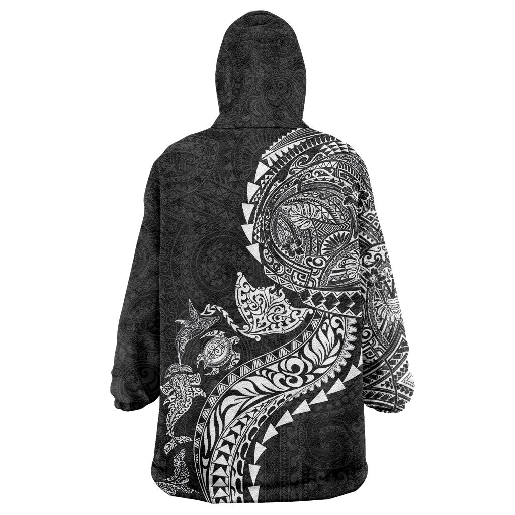 Hawaiian Kakau Tribal Sea Animals Tattoos Wearable Blanket Hoodie Black Color