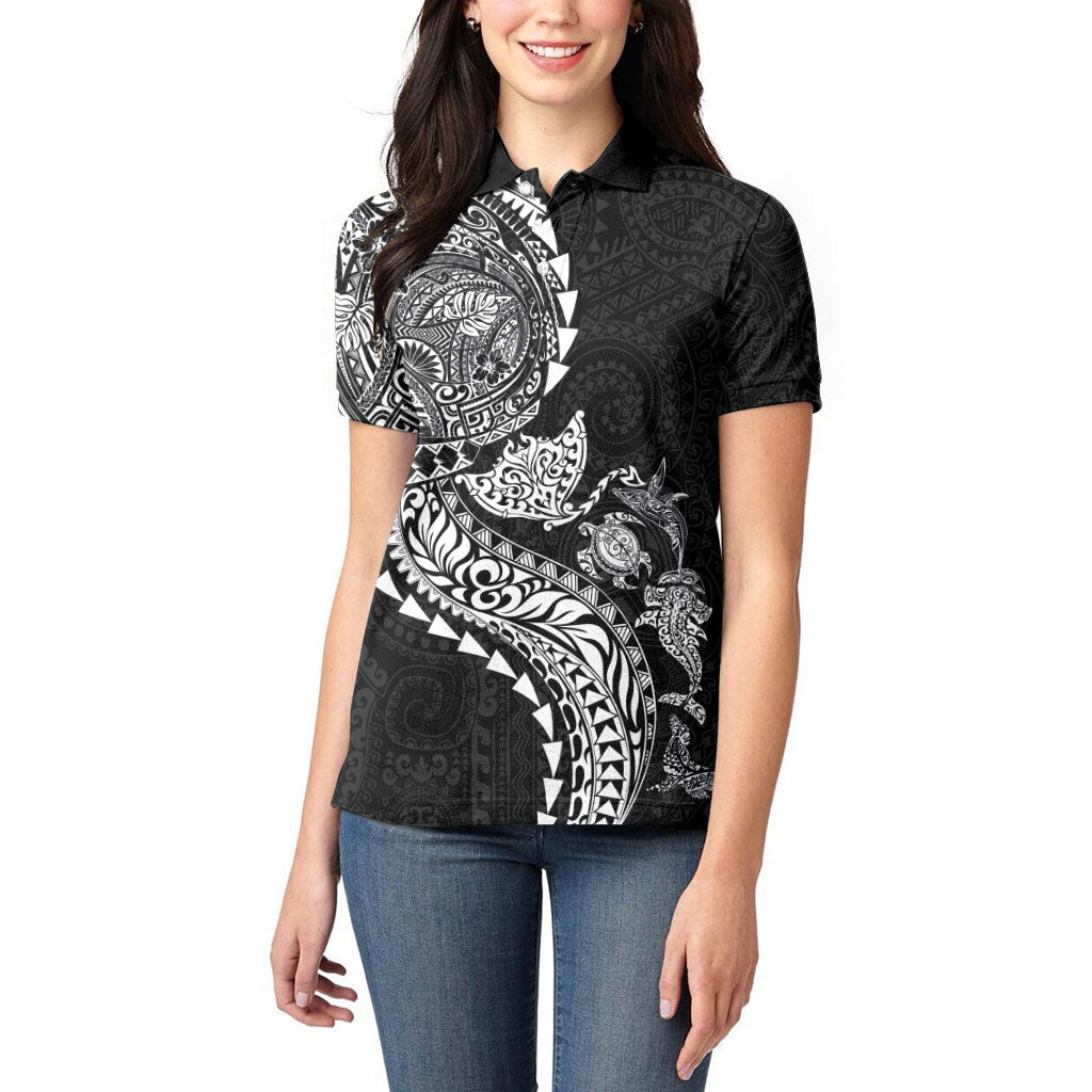 Hawaiian Kakau Tribal Sea Animals Tattoos Women Polo Shirt Black Color
