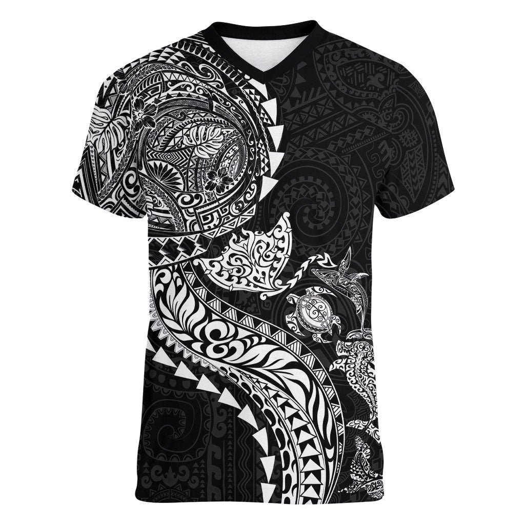 Hawaiian Kakau Tribal Sea Animals Tattoos Women V-Neck T-Shirt Black Color