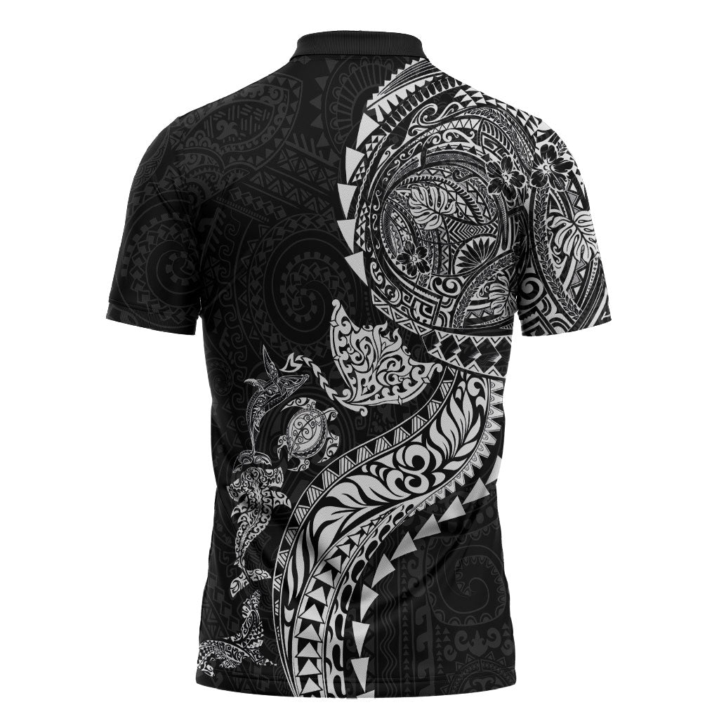 Hawaiian Kakau Tribal Sea Animals Tattoos Zipper Polo Shirt Black Color LT03 - Polynesian Pride