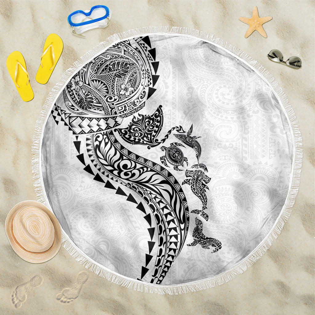 Hawaiian Kakau Tribal Sea Animals Tattoos Beach Blanket White Color LT03 One Size 150cm White - Polynesian Pride