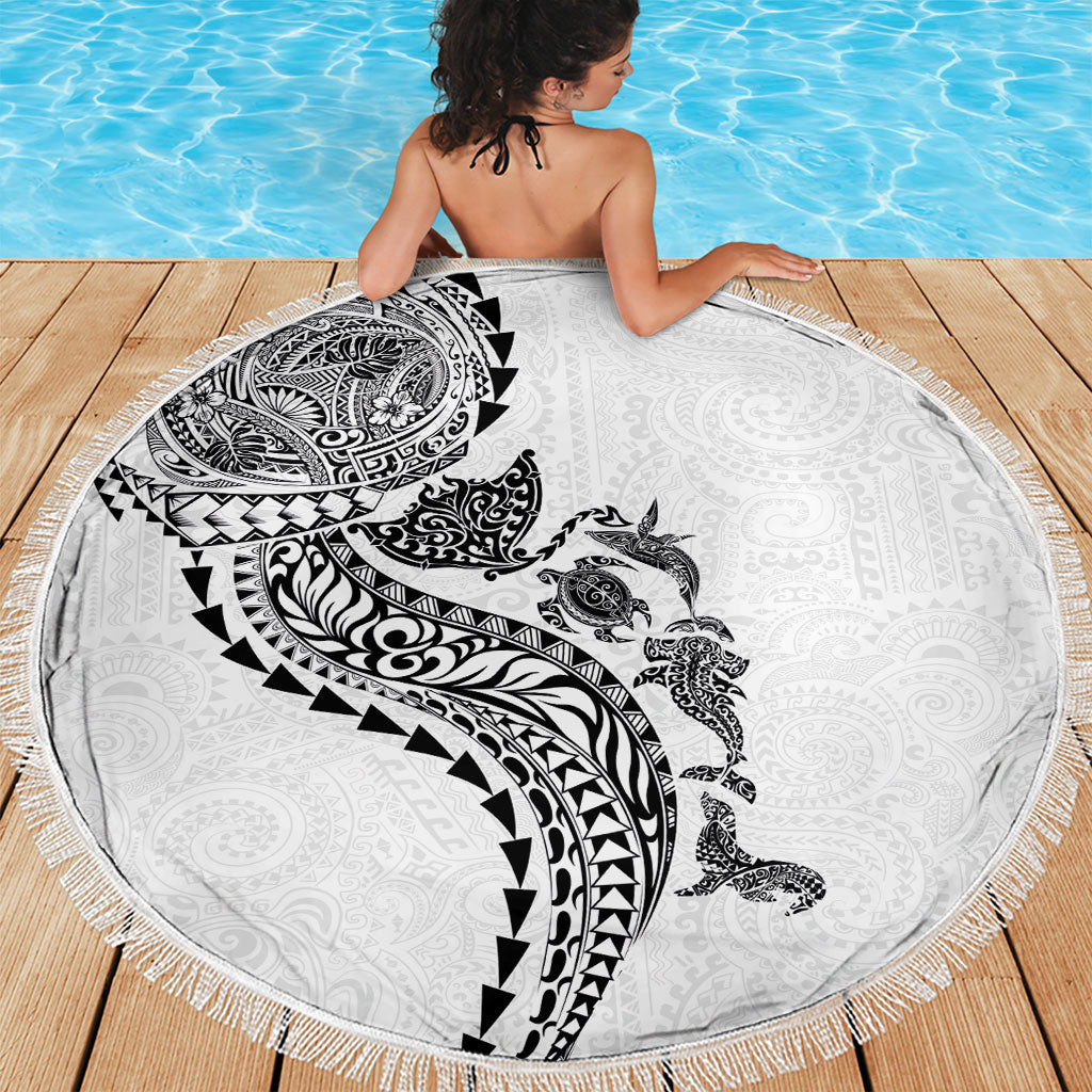 Hawaiian Kakau Tribal Sea Animals Tattoos Beach Blanket White Color LT03 - Polynesian Pride