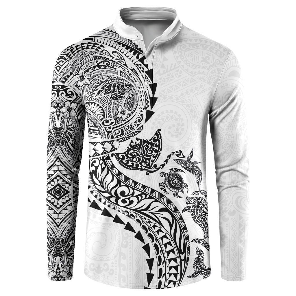Hawaiian Kakau Tribal Sea Animals Tattoos Button Sweatshirt White Color LT03 White - Polynesian Pride