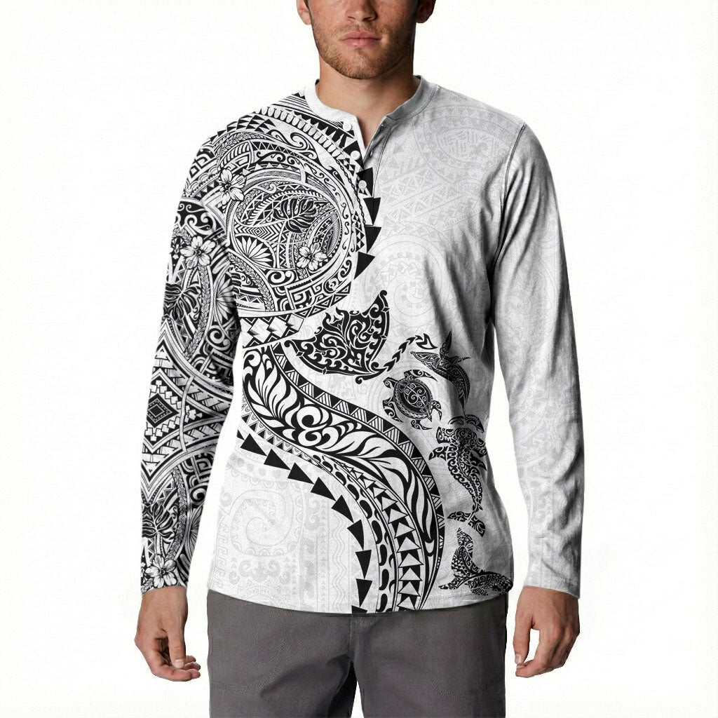 Hawaiian Kakau Tribal Sea Animals Tattoos Button Sweatshirt White Color LT03 - Polynesian Pride