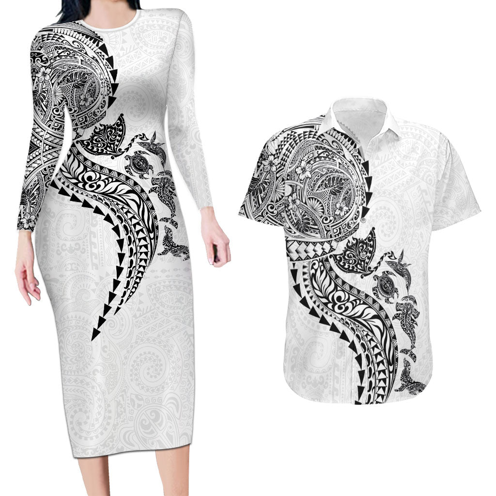 Hawaiian Kakau Tribal Sea Animals Tattoos Couples Matching Long Sleeve Bodycon Dress and Hawaiian Shirt White Color