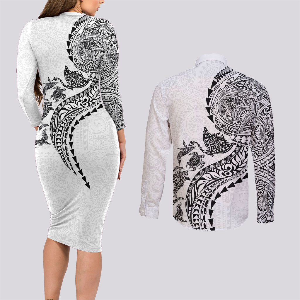 Hawaiian Kakau Tribal Sea Animals Tattoos Couples Matching Long Sleeve Bodycon Dress and Long Sleeve Button Shirt White Color
