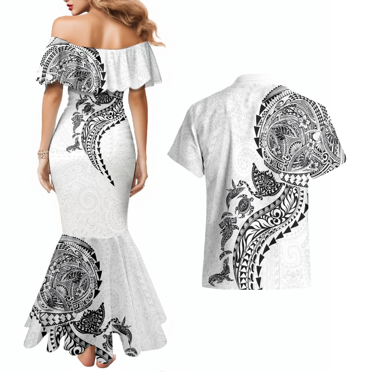 Hawaiian Kakau Tribal Sea Animals Tattoos Couples Matching Mermaid Dress and Hawaiian Shirt White Color LT03 - Polynesian Pride