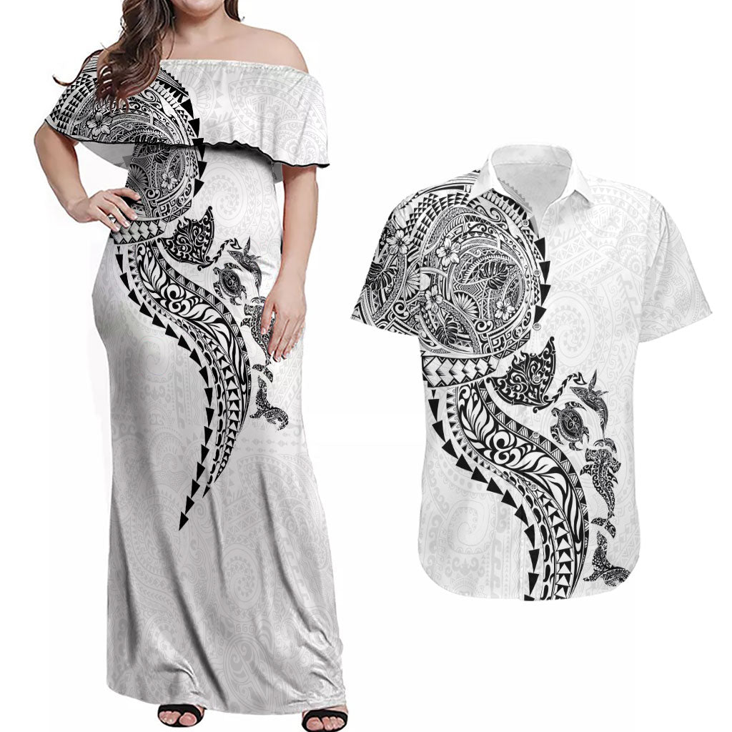 Hawaiian Kakau Tribal Sea Animals Tattoos Couples Matching Off Shoulder Maxi Dress and Hawaiian Shirt White Color