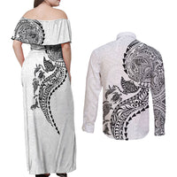 Hawaiian Kakau Tribal Sea Animals Tattoos Couples Matching Off Shoulder Maxi Dress and Long Sleeve Button Shirt White Color