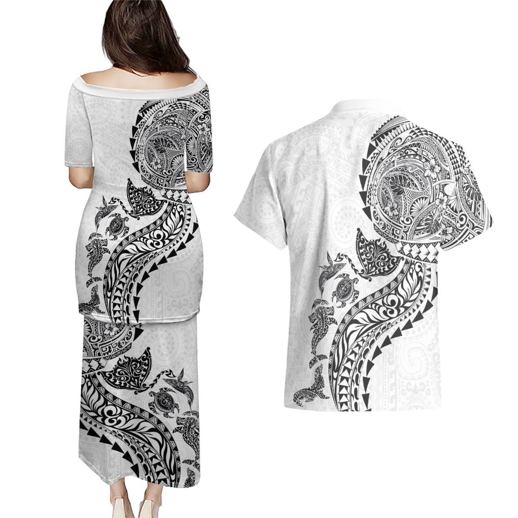 Hawaiian Kakau Tribal Sea Animals Tattoos Couples Matching Puletasi and Hawaiian Shirt White Color