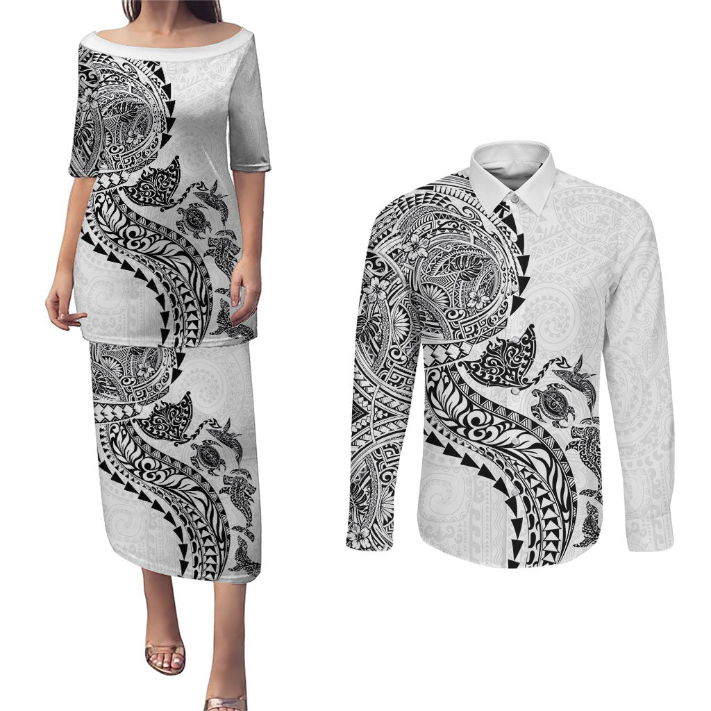 Hawaiian Kakau Tribal Sea Animals Tattoos Couples Matching Puletasi and Long Sleeve Button Shirt White Color LT03 White - Polynesian Pride