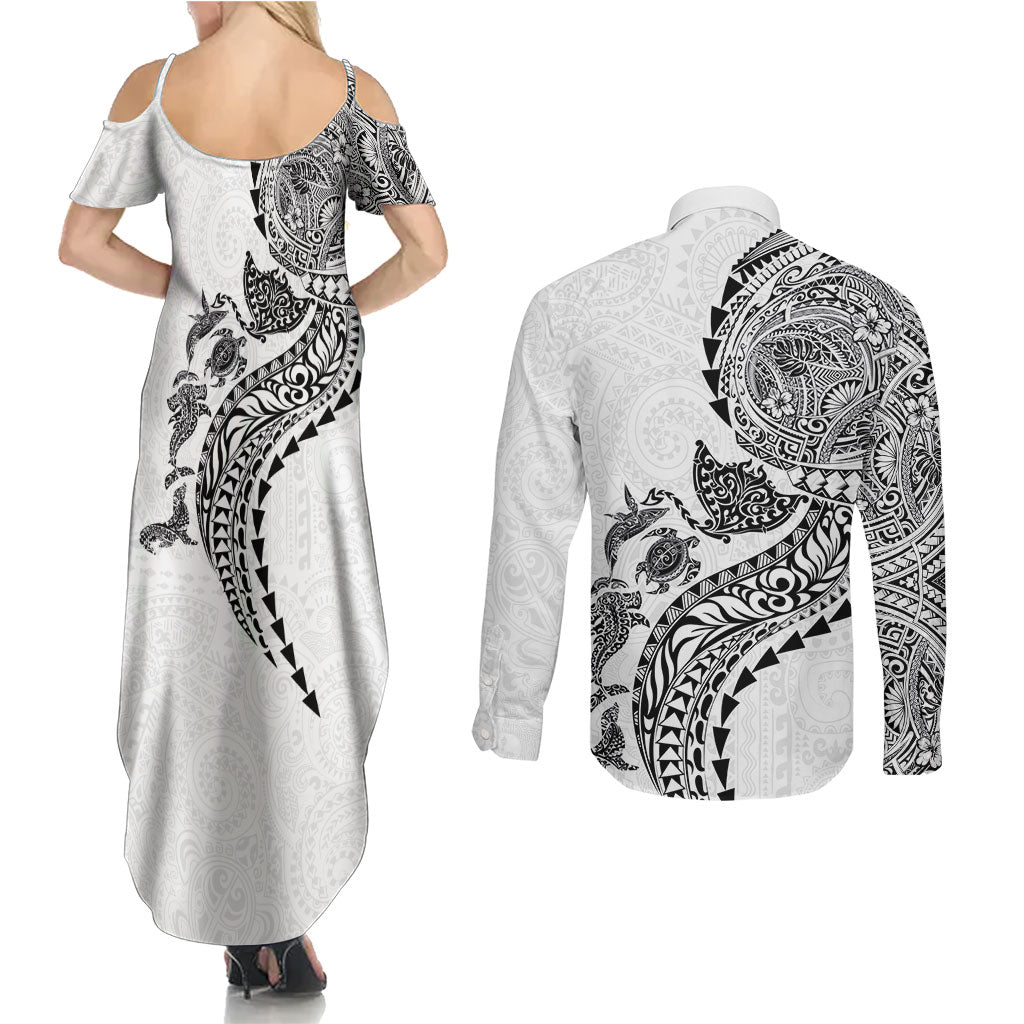 Hawaiian Kakau Tribal Sea Animals Tattoos Couples Matching Summer Maxi Dress and Long Sleeve Button Shirt White Color