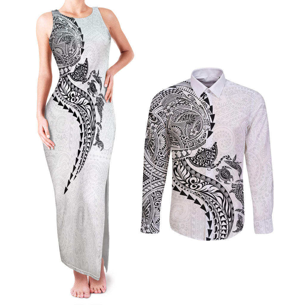 Hawaiian Kakau Tribal Sea Animals Tattoos Couples Matching Tank Maxi Dress and Long Sleeve Button Shirt White Color