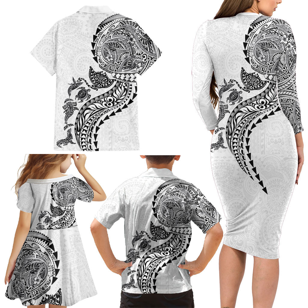 Hawaiian Kakau Tribal Sea Animals Tattoos Family Matching Long Sleeve Bodycon Dress and Hawaiian Shirt White Color LT03 - Polynesian Pride