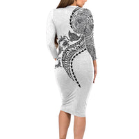 Hawaiian Kakau Tribal Sea Animals Tattoos Family Matching Long Sleeve Bodycon Dress and Hawaiian Shirt White Color LT03 - Polynesian Pride