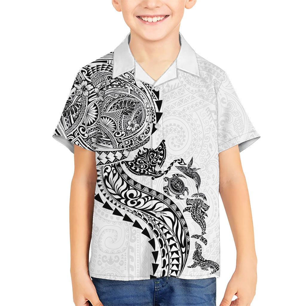 Hawaiian Kakau Tribal Sea Animals Tattoos Family Matching Long Sleeve Bodycon Dress and Hawaiian Shirt White Color LT03 Son's Shirt White - Polynesian Pride