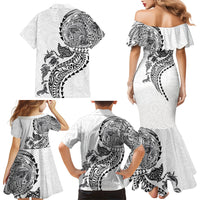 Hawaiian Kakau Tribal Sea Animals Tattoos Family Matching Mermaid Dress and Hawaiian Shirt White Color LT03 - Polynesian Pride