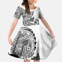 Hawaiian Kakau Tribal Sea Animals Tattoos Family Matching Off The Shoulder Long Sleeve Dress and Hawaiian Shirt White Color LT03 Daughter's Dress White - Polynesian Pride