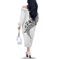Hawaiian Kakau Tribal Sea Animals Tattoos Family Matching Off The Shoulder Long Sleeve Dress and Hawaiian Shirt White Color LT03 - Polynesian Pride