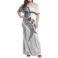 Hawaiian Kakau Tribal Sea Animals Tattoos Family Matching Off Shoulder Maxi Dress and Hawaiian Shirt White Color LT03 Mom's Dress White - Polynesian Pride